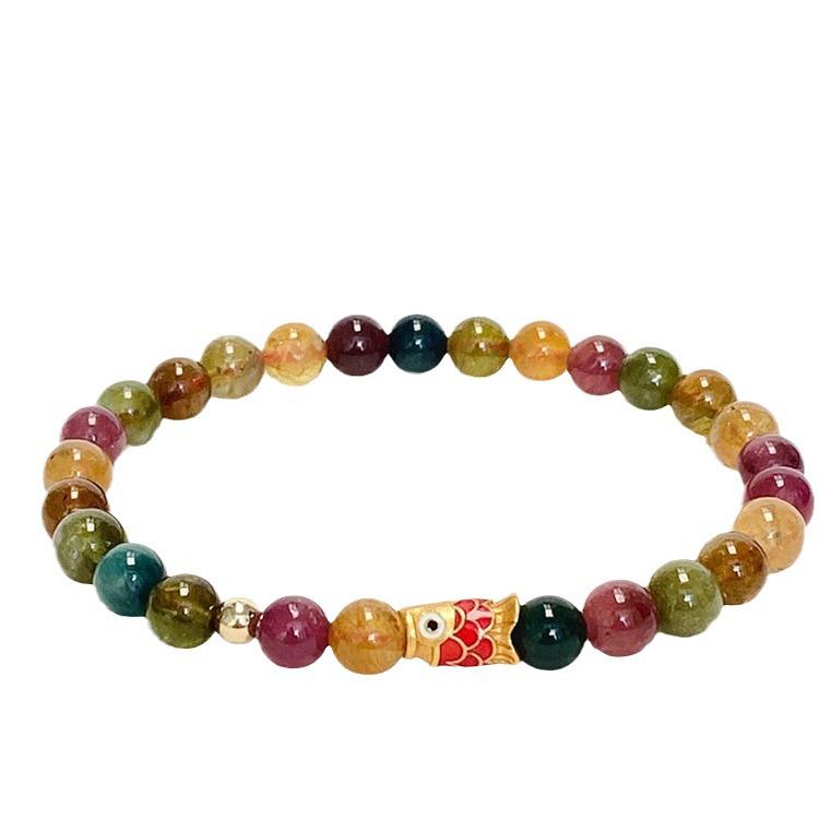 Rainbow Tourmaline and Imitation Hetian Jade Koi Fish Bracelet - Zodiac-Inspired Niche Design