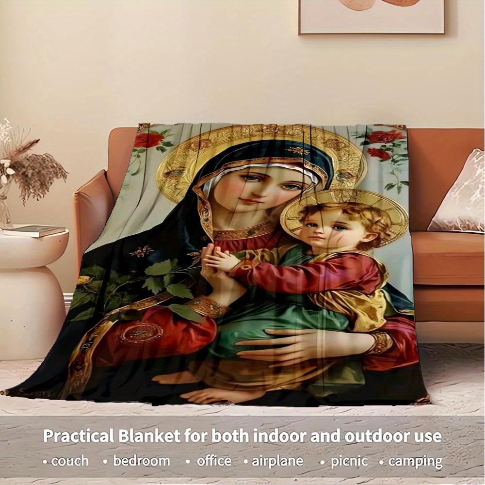 1pc Virgin Mary,Child Jesus,Religious Iconography Flannel Blanket - Lightweight Soft for All Seasons, Ideal for Couch, Office, Bed, Travel,