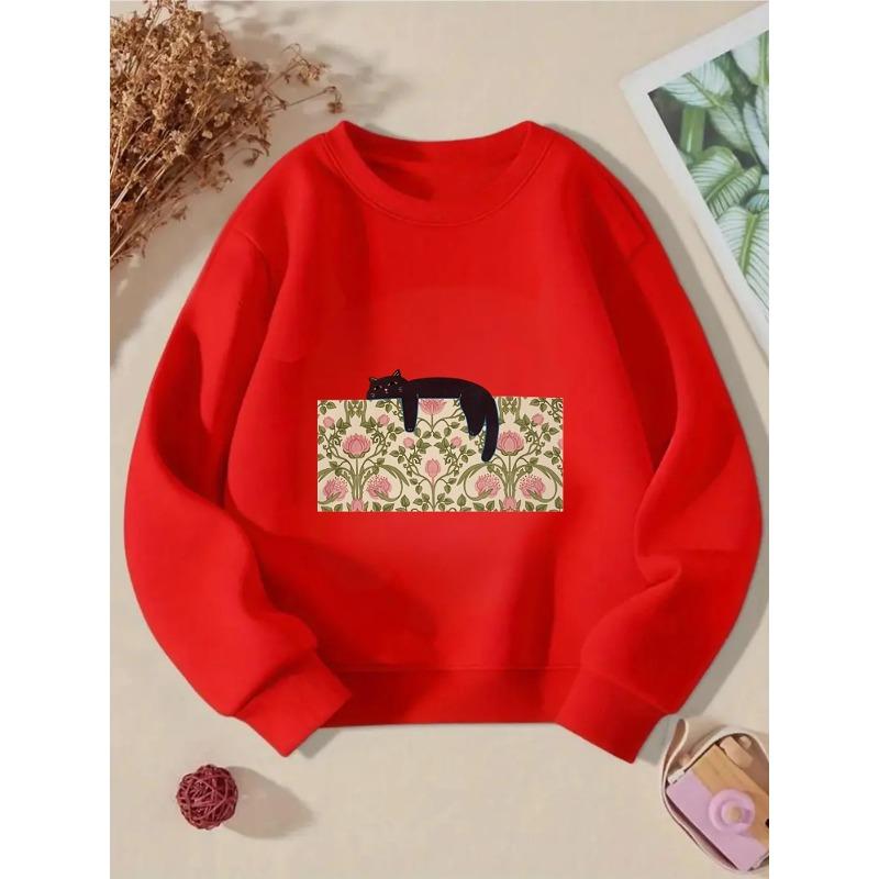 Girls' Crewneck Sweatshirt - Pink Flowers Green Leaves Black Cat Machine Washable, Spring And Autumn, Sportswear And Casual Wear
