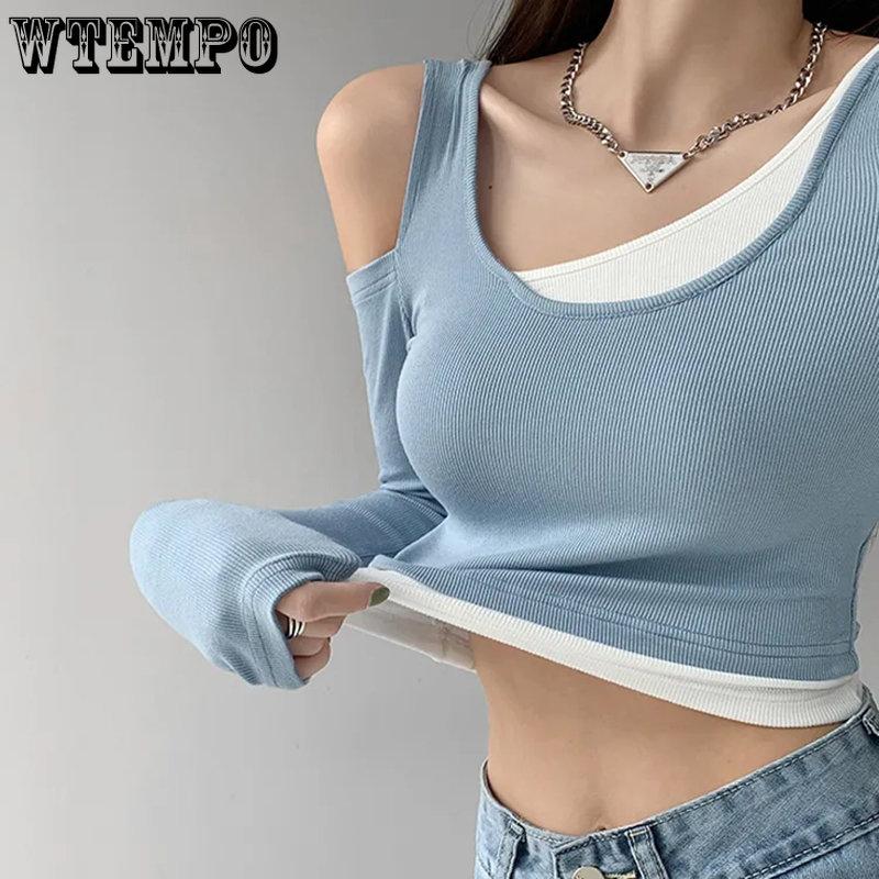 WTEMPO Tricouri patchwork pentru femei False din două piese cu mânecă lungă Y2K Topuri decupate Cămăși subțiri pentru femei Streetwear Clubwear