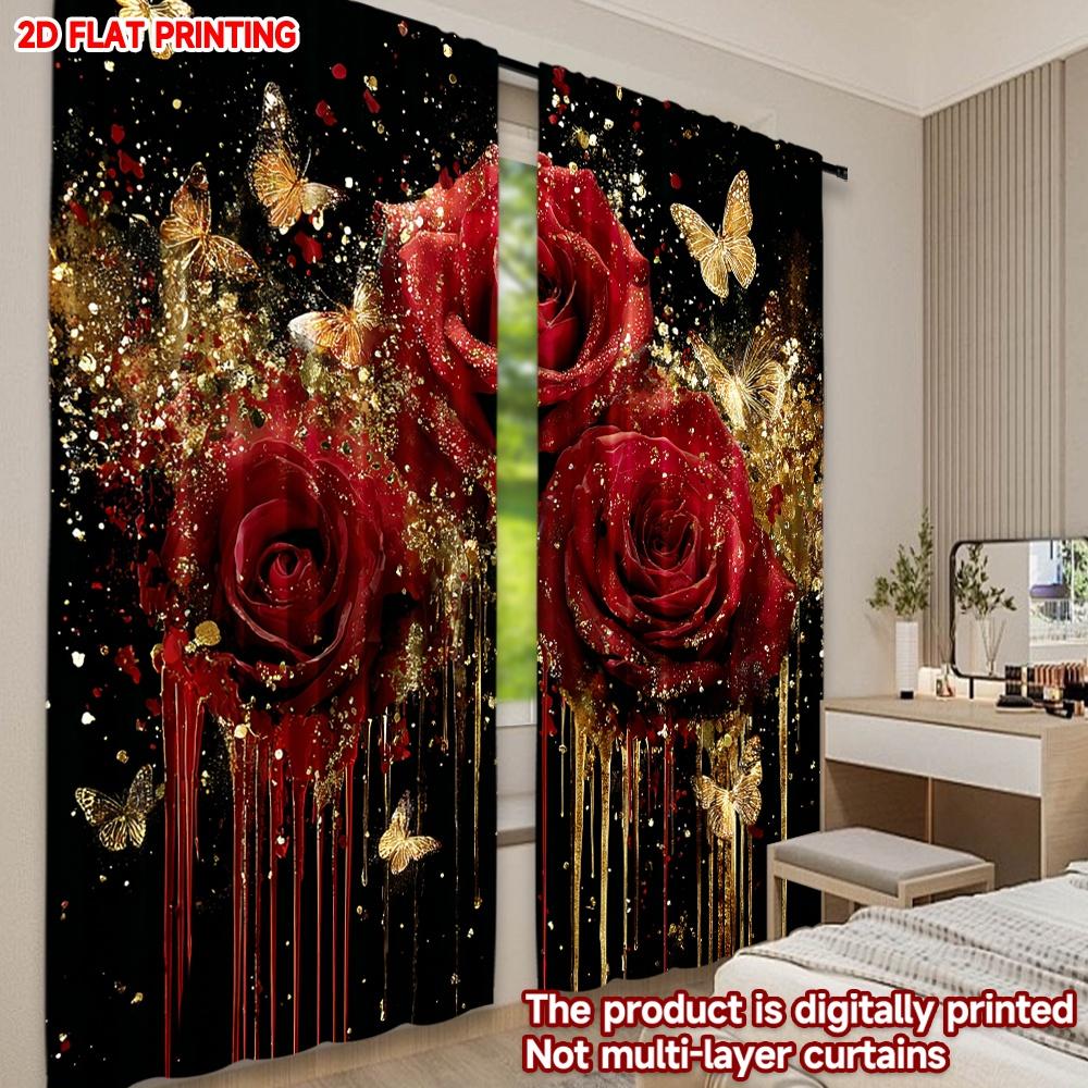 Red Rose Gold Curtains Large Polyester Roses Golden Butterflies Tassels Black Background Luxurious Living Room Set Of 2 Made Sitting Decor