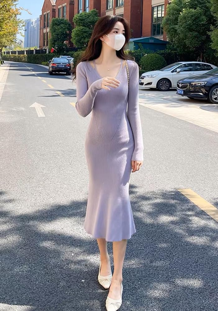 Knit Autumn Long Sleeve Camisole Long Knit Slimming Solid Elegant [Vilaria] Women's Dress, Dress, Dress, V-Neck, Winter, Effect, Color, Stylish,