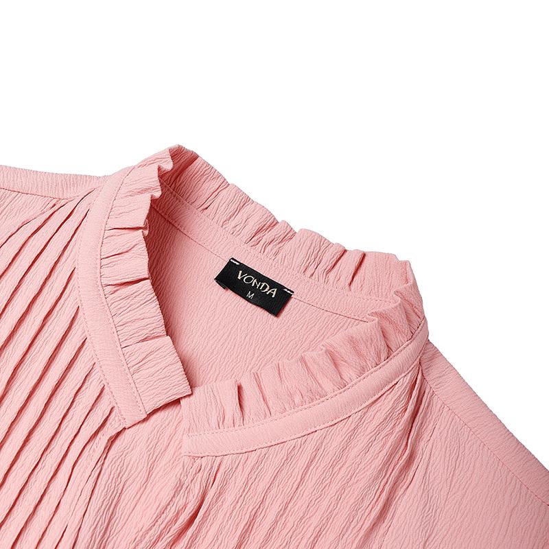 VONDA Women Casual Stand Neck Long Sleeve Pleating Ruffled Mini Elegant Dress