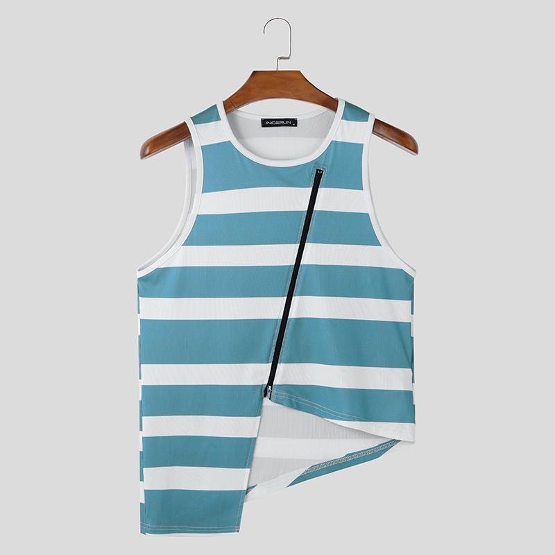 

INCERUN Summer Men O-neck Sleeveless Striped Print Zipper Splits Tank Tops 2XL