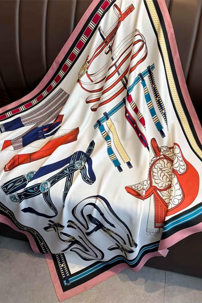 Women' Scarf 90X90 "Rose Equestrian Style" - Elegant Shawl with Horse Motif, Imitation Silk