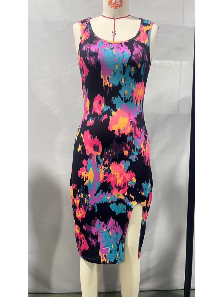 Spring/Summer 2026 Floral Slit Tank Top Dress - Sexy Women’s Fashion for Europe and America