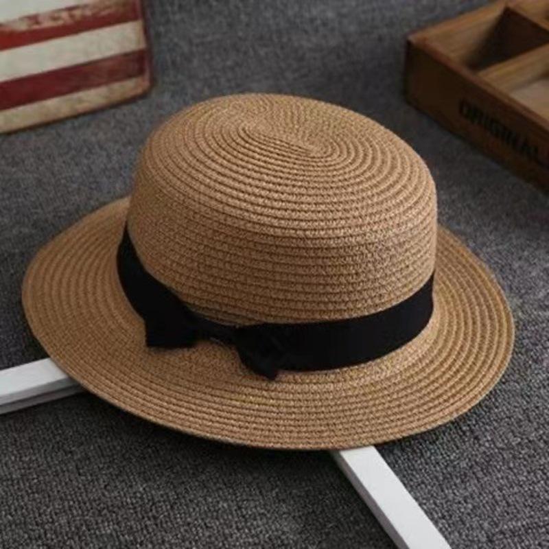 Wide Brim Straw Sun Hat for Women with Ribbon Bow Summer Beach UV Protection Breathable Wavy Edge Panama Cap for Travel
