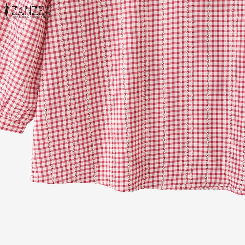 ZANZEA Women Casual Round Neck Grid Print Loose 3/4 Sleeve Blouse
