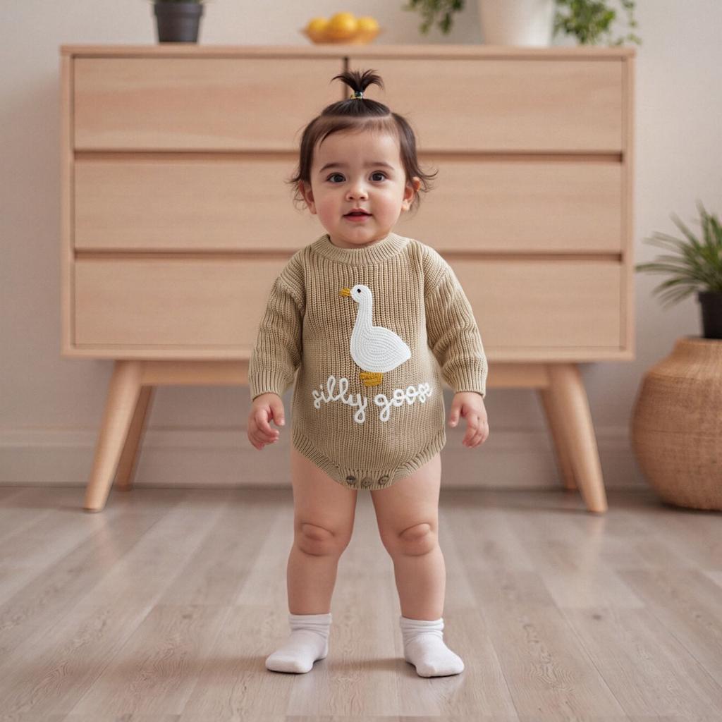 Infant Baby Knitted Rompers Cute Long Sleeve Round Neck White Goose Letter Embroidery Jumpsuit