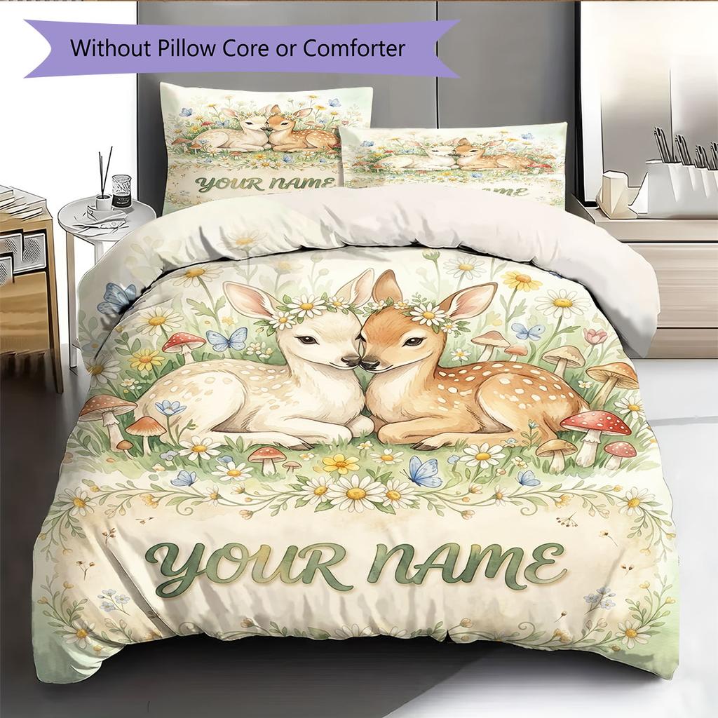 Custom Name,Watercolor Twin Woodland Animal Pattern Bedding Home Decoration Birthday Gift ( 1 duvet cover + 2 pillowcase, without core),fan merchandis