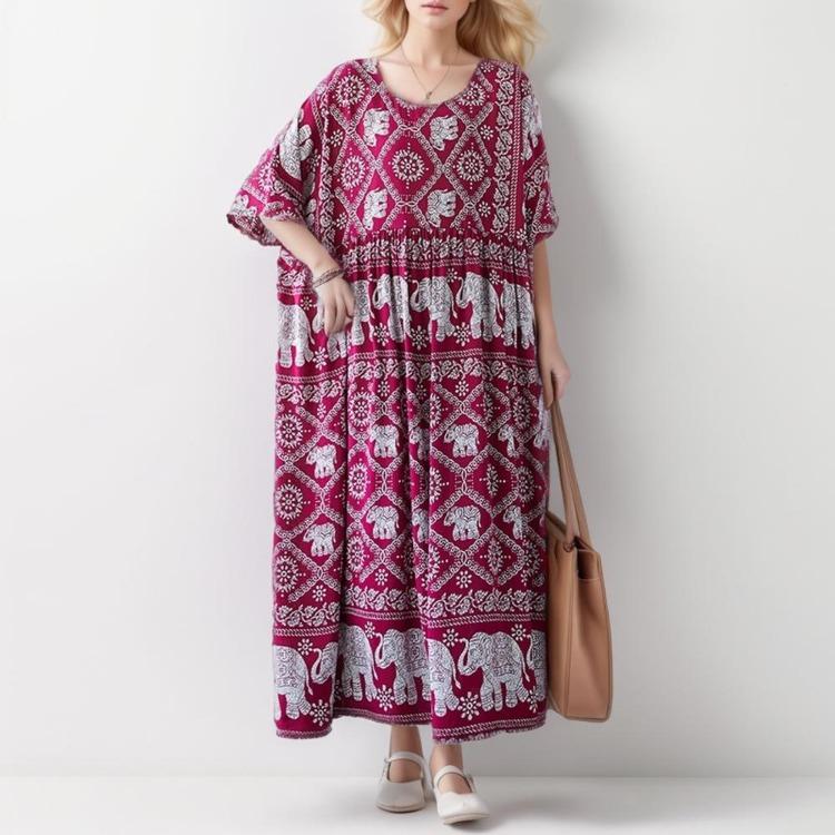 Neues Sommerliches Blumen-Maxikleid für Damen Übergröße Vintage-Stil Locker O-Ausschnitt Kurzarm Urlaubs-Kleid