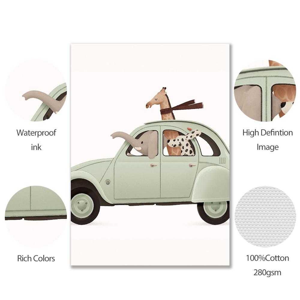 Animals On A Truck Funny Animals Art Nursery Cars Elephant Children Kid Room Decor Canvas Painting Room Home Square Poster Print