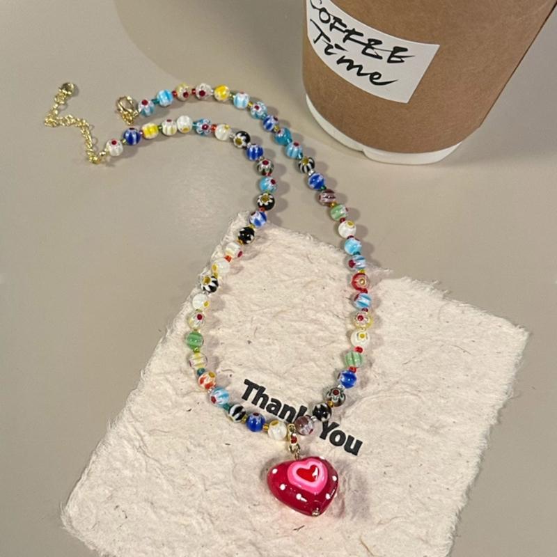 Red Love Coloured Glaze Bead Necklace Hawaii Beach Necklace Suitable for Ladies