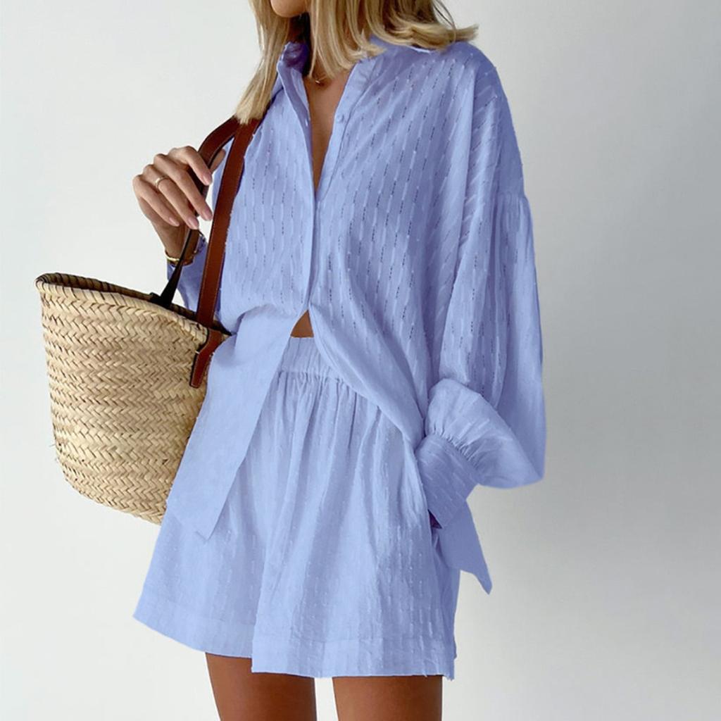 Women's Clothing, Shirts, Jacquard, Bubble Sleeves, Tops, Shorts, Casual Suits