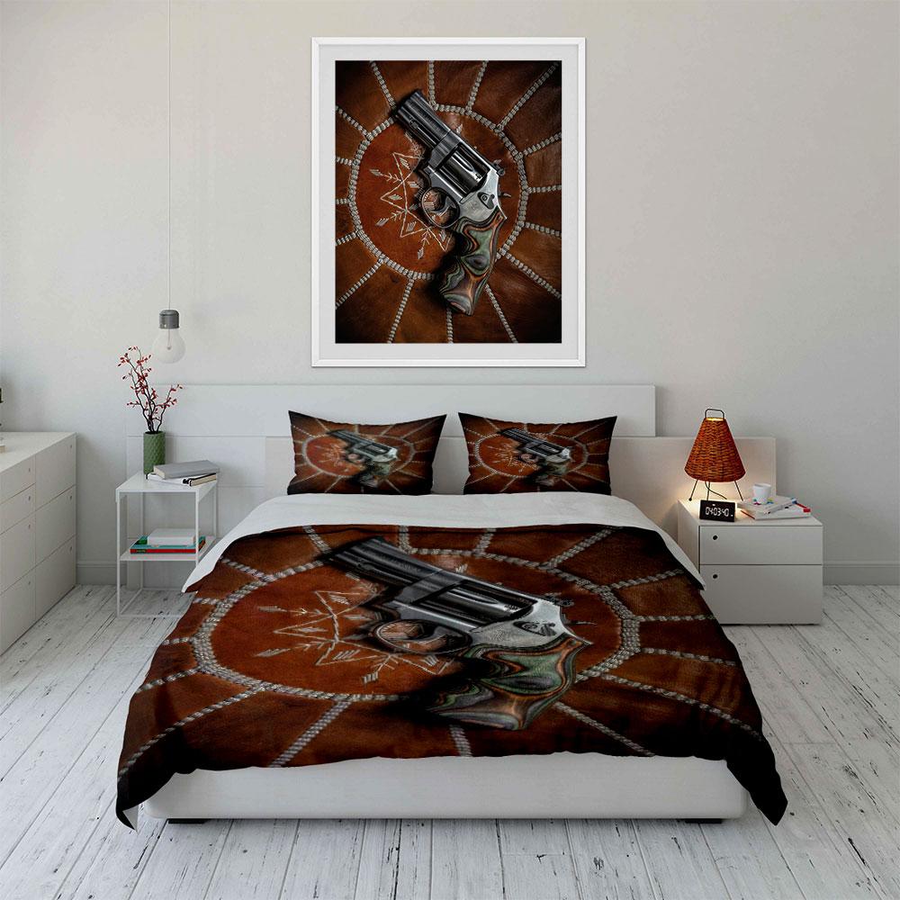 Vintage Revolver Decor Set Bedding Set With 1 Duvet Cover 2 Pillowcases Single Double King Queen, Gift
