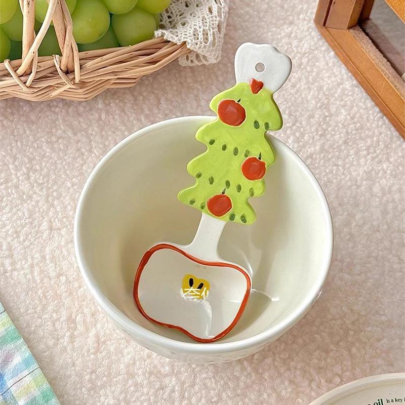 Underglaze Colored Ceramic Spoon Cute Christmas Cherry Scoop New Kitchen Cooking Utensil for Dessert Soup Long Handle Soup Spoon