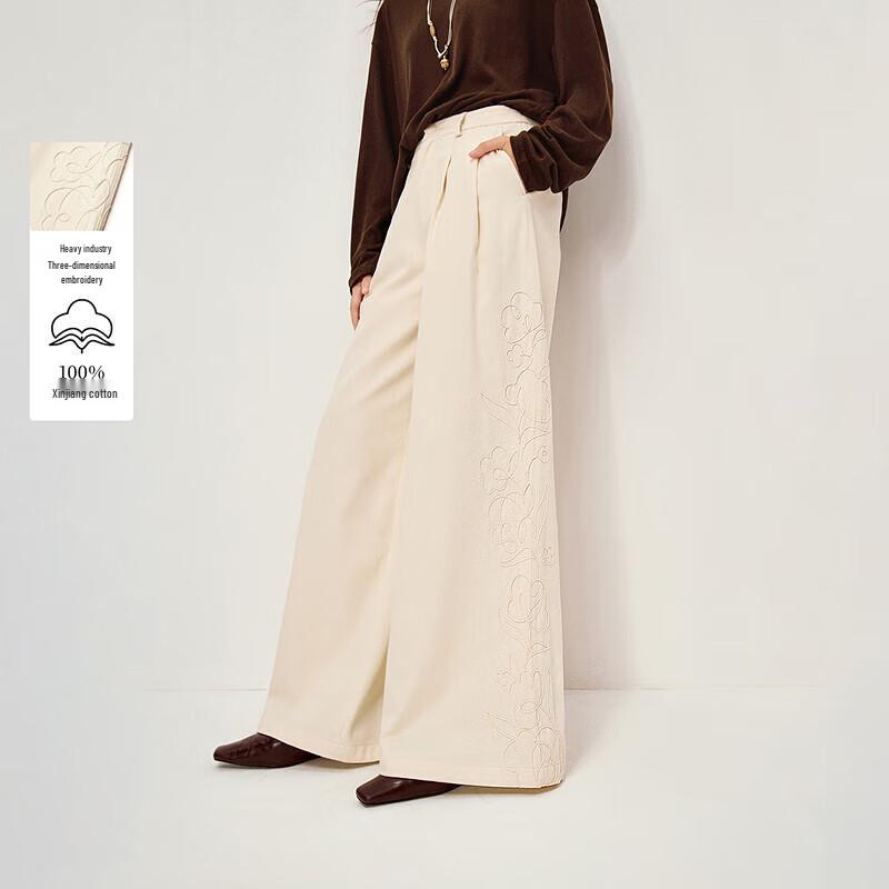 

INMAN Women s French Embroidered Pure Cotton Wide-Leg Pants 28