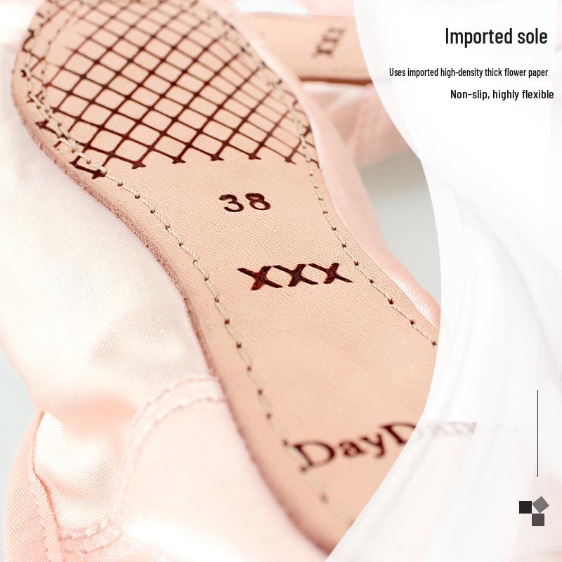 Dětské růžové saténové špičky pro začátečníky se stuhou - Tvrdá podrážka Dospělé taneční cvičky