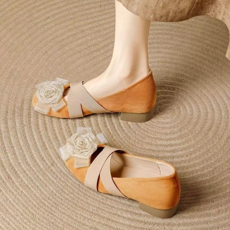 Inner height increase thick heel flower shallow mouth single shoes women's 2025 new soft leather French cross belt ballet shoes Mary Jane shoes