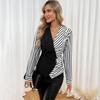 2025 Autumn Women's V-Neck Stripe Patchwork Waist-Cinching Long Sleeve Top