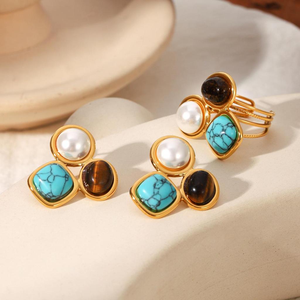 Stainless Steel Natural Stone Turquoise Earrings: High-End Niche Titanium Steel Jewelry