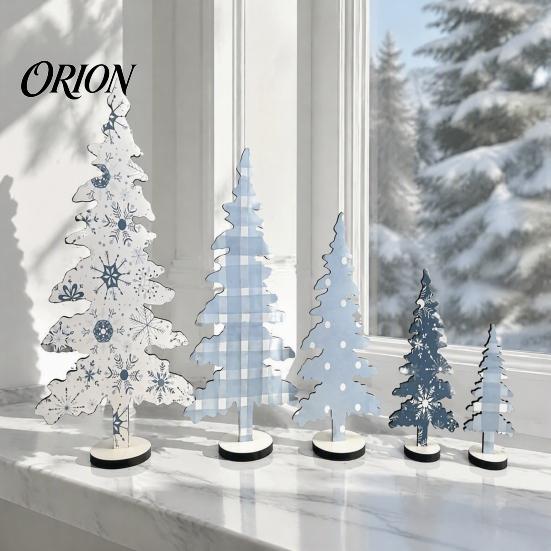 Blue And White Winter Decor 5Pcs Wooden Christmas Tree Ornaments, Nordic Style Indoor Holiday Home Accents Plaid/Snowflake/Polka Dot Desktop