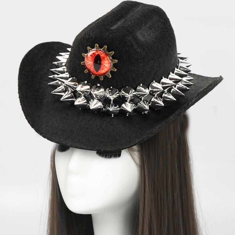 Handmade Retros Hat Rivets Embellished Felted Denims Hat Durability Hat for Outdoor Activity and Festivals
