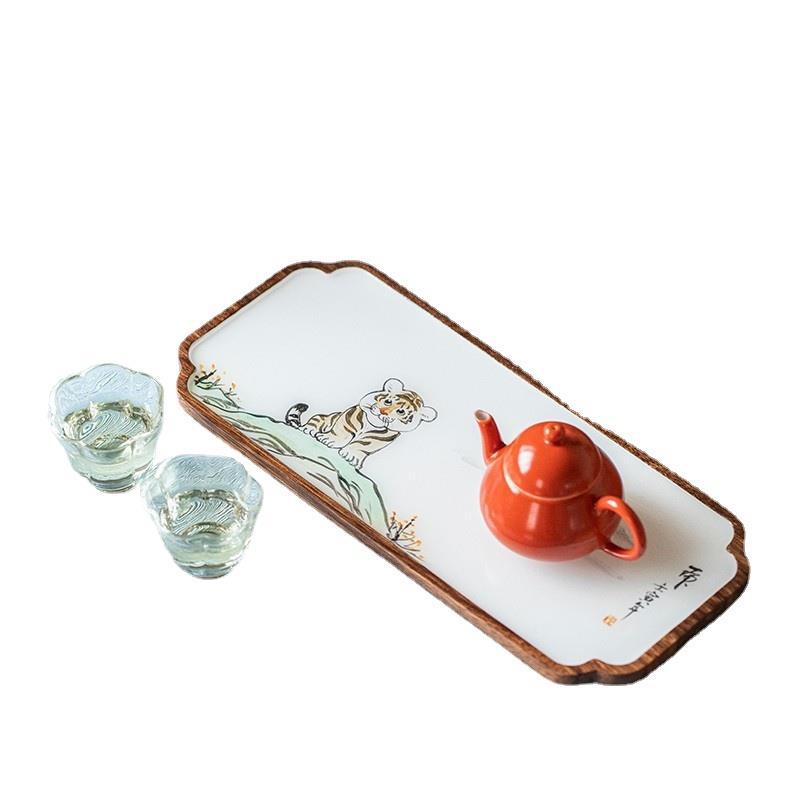 Antique Lacquer Resin Solid Wood Dry Brewed Tea Tray Household Minimalist Tea Table Hand Drawn Tray Tea Ceremony Accessories