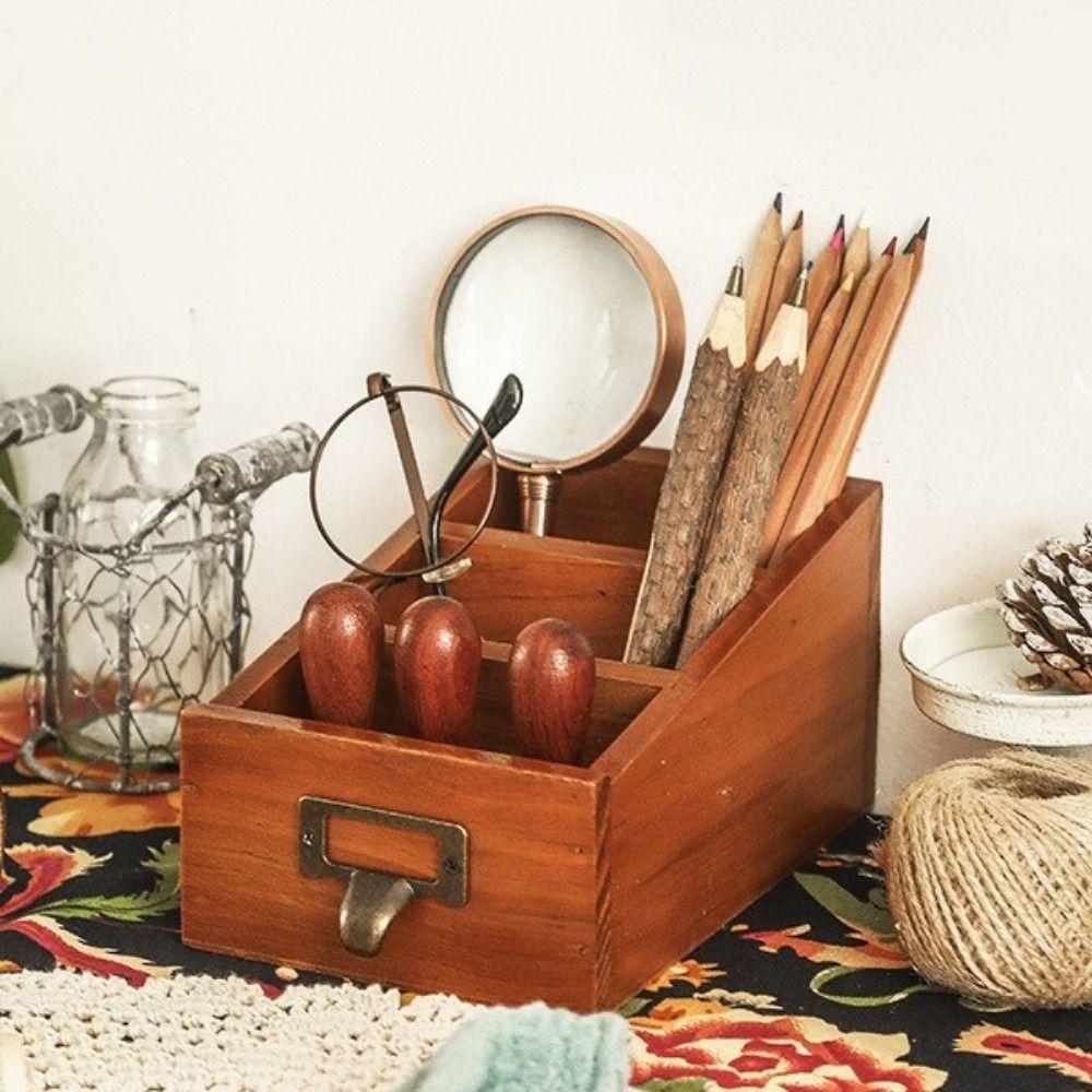 Vintage Style Desktop Storage Box Wooden Makeup Brush Holder Durable Desktop Stationery Box  Vanity