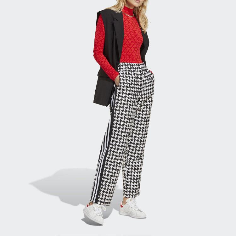 adidas Pantalones casuales rectos de cintura alta con bordado de pata de gallo y logo de trébol Originals para mujer, color negro y blanco, IB7715