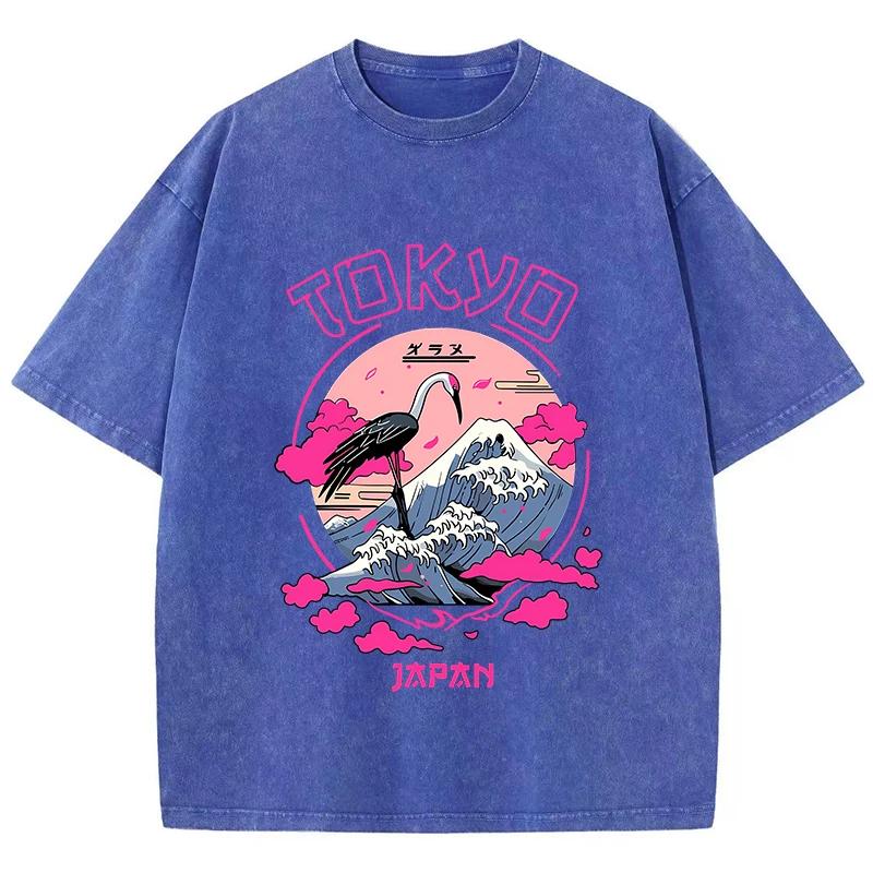 Vintage Womens Acid Wash T-Shirts Tokyo Harajuku Printing Tees Crewneck Cotton Oversized Short Sleeve Fashion  Clothes