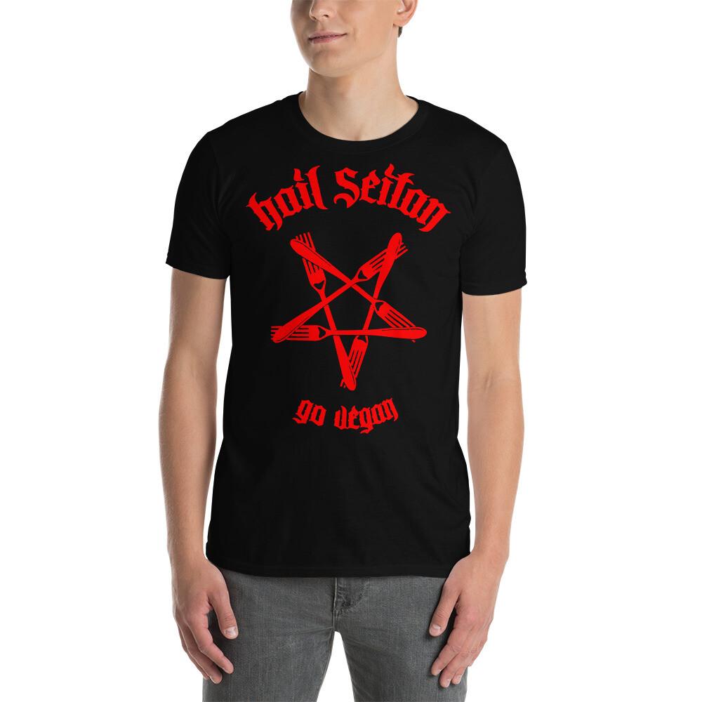 

Hail Seitan Gothic Goth Gothic Vegan Veganism Pentagram Unisex T-Shirt XL