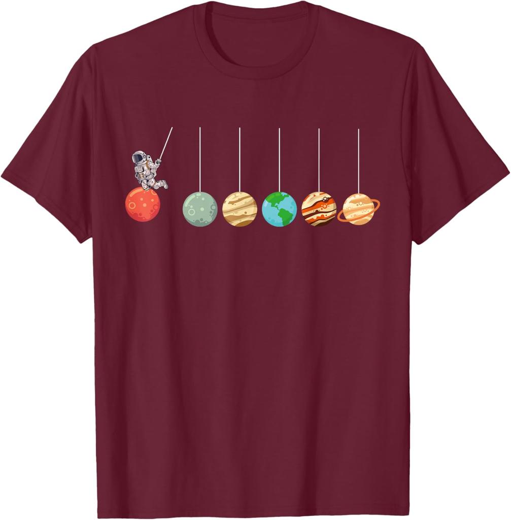 Solar System Pendulum Astronaut Graphic Tee Funny Science Enthusiasts Casual Short Sleeve T-Shirt