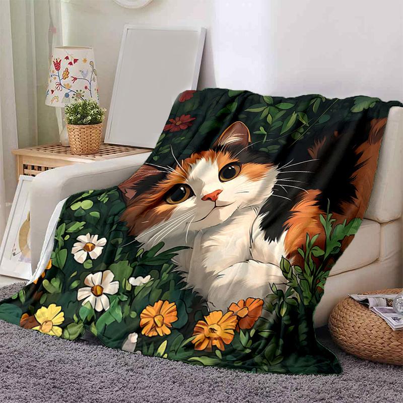 1pc Orange Cat & Flower Theme Blanket Soft Warm Bedding Throw for Room Decor, Living Room, Travel, Camping, Car Blankets