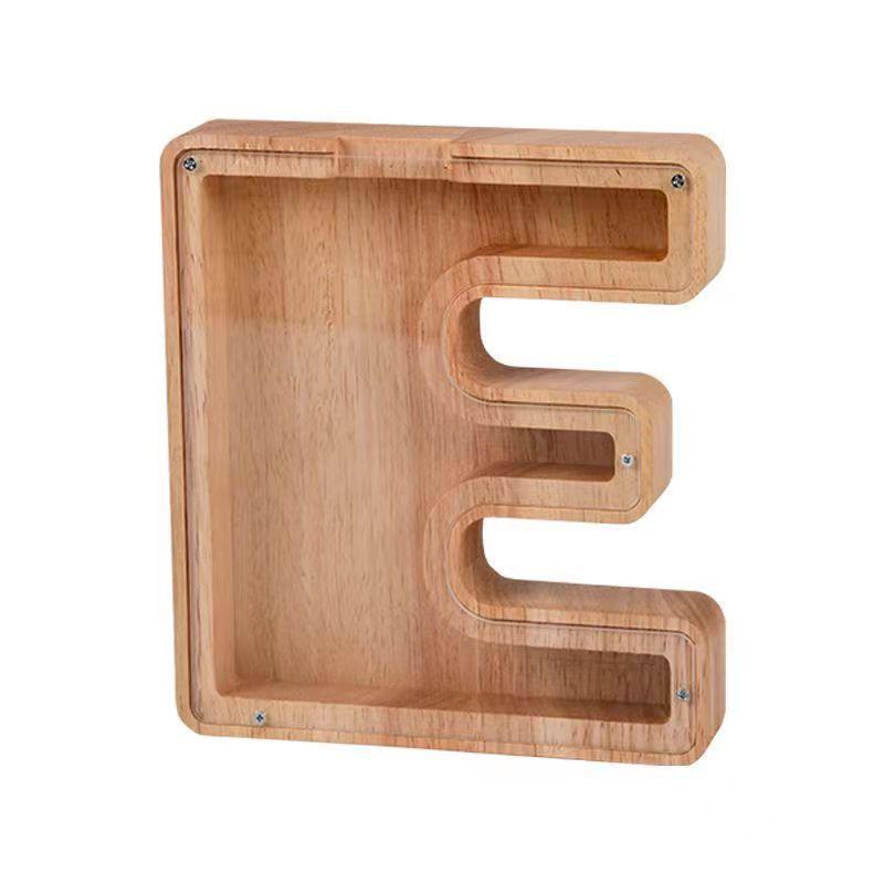 Drewniana Kreskówkowa Skarbonka z Literkami - Przezroczysty Pojemnik na Monety Ozdoba Prezent