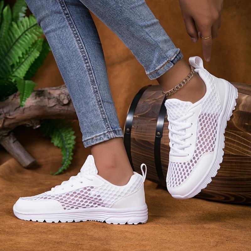 [Breathable Sneakers] Breathable Mesh Women's White Casual Sneakers | Summer Low-Top Lace-Up Shoes with EVA Cushioned Sole