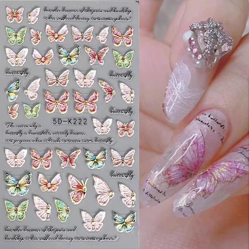 Nail Art Stickers Embossed Nail Decals Colorful Butterfly Nail Accessories for Self-adhesive Nail Decoration Ladies Nail Design