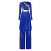 Womens Liturgical Dance Set Round Neck Long Sleeve Metallic Shiny Patchwork Irregular Dress Wide Leg Pants