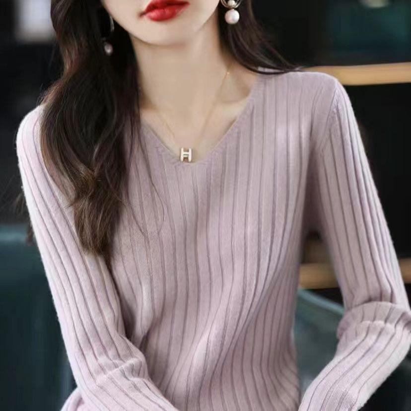 Maglione da Donna Girocollo a V Sottile Manica Lunga Primavera Autunno Sottogiacca Maglione Semplice ed Elegante Top Versatile