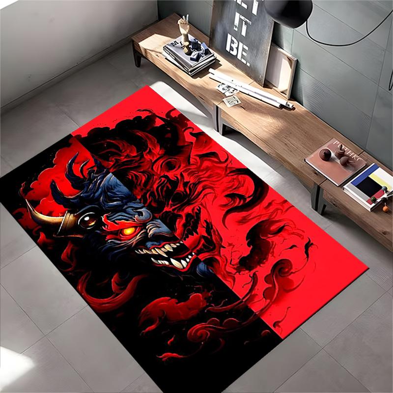 Demon Face Pattern Rug with Red and Black Fiery Smoke Design, Modern Decor Suitable for use as an anti-slip for living room bedroom sofas