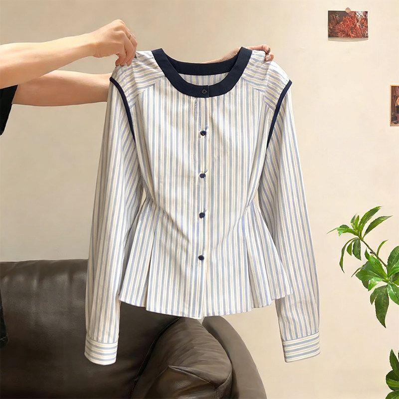 

Plus-Size 2026 Spring New Fashion Unique Slim-Fit Shirt for Women with Stylish Design and Color-Blocked Striped Long-Sleeve Top Stripes [New Popular Tops/American High Street] XL