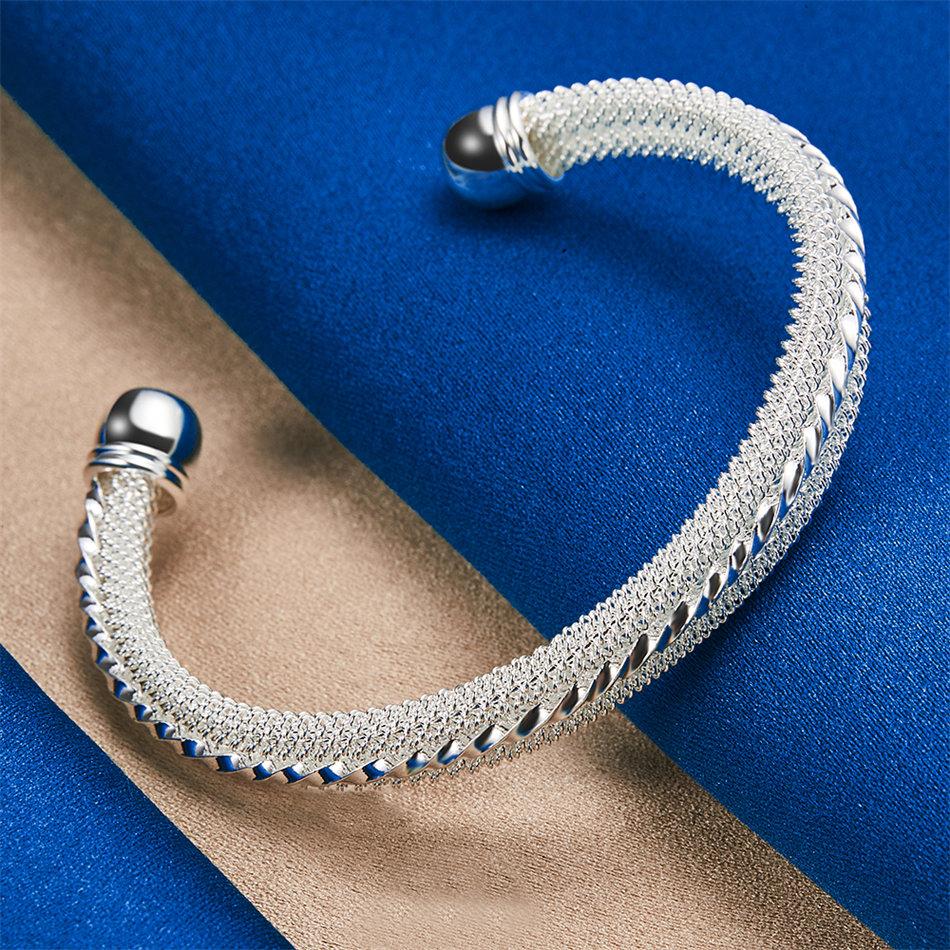 Elegant 925 Sterling Silver Twisted Woven Mesh Open Bangle for Women, Fashionable Wedding Party Accessories