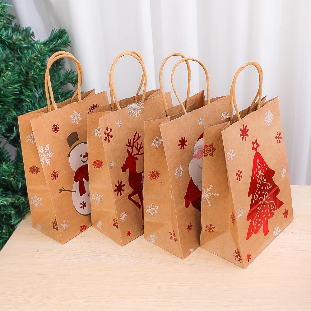 1/30Pcs Christmas Candy Cookie Packaging Treat Pouch Kraft Gift Bags with Handle Party Santa Claus Snowman Decorations Wholesale