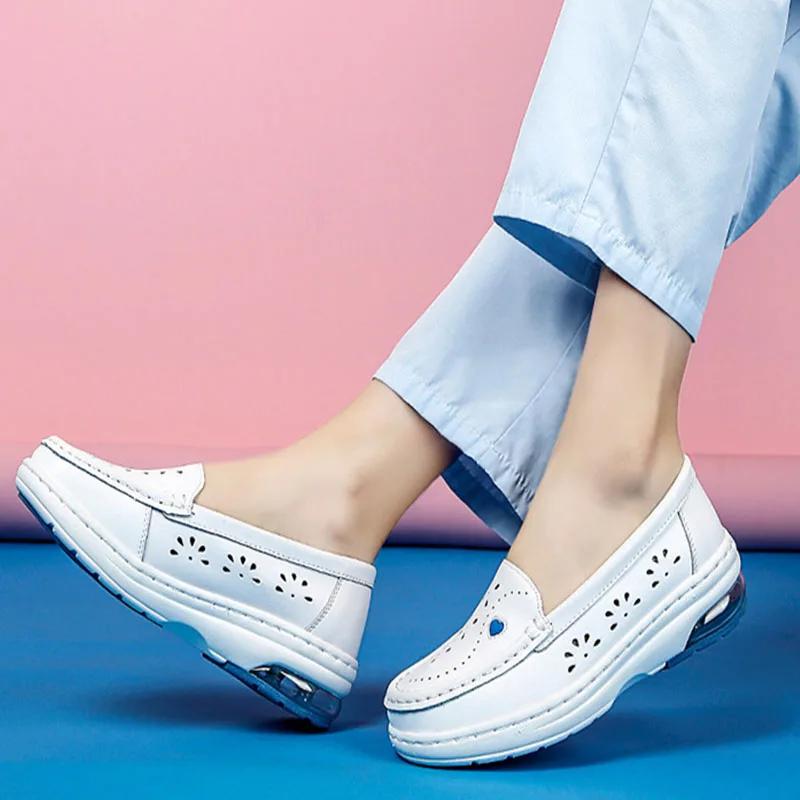 Fashion Women's Loafers White Nurse Shoes Women's Soft Sole Breathable Comfortable Without Tiring Feet New Ladies Flats Leather Shoes