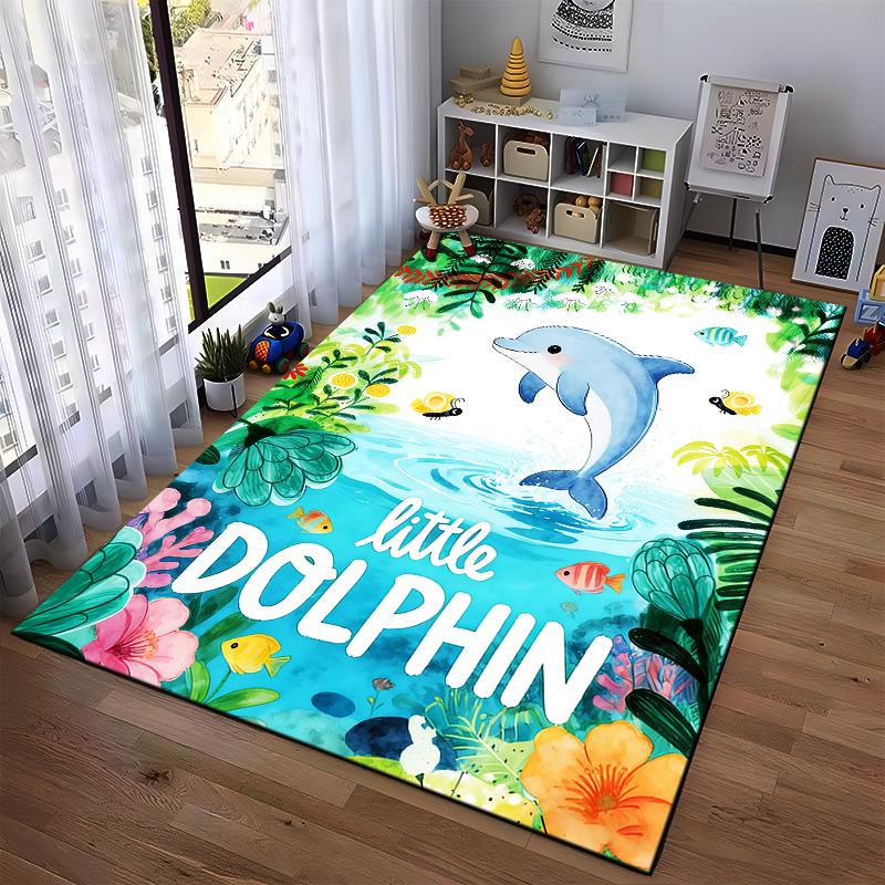 Colorful Carpet with Dolphin, Tropical Ocean Scene, Little Dolphin Text Suitable for use as an anti-slip for living room bedroom sofas