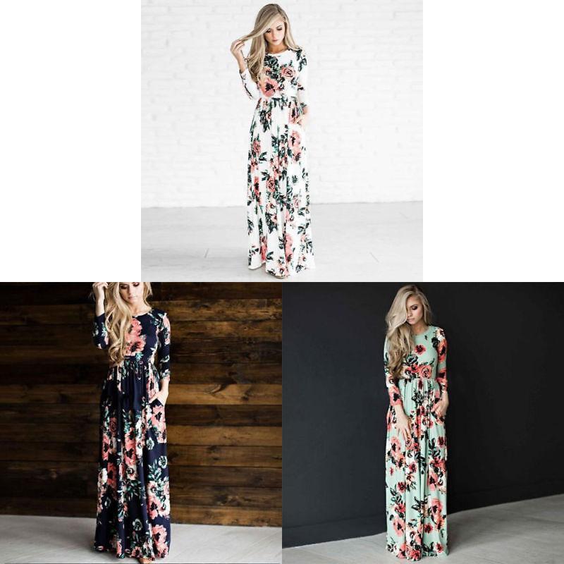 Elegant Summer Floral Print Long Sleeve Dress For Women In White Pink Green And Navy Blue