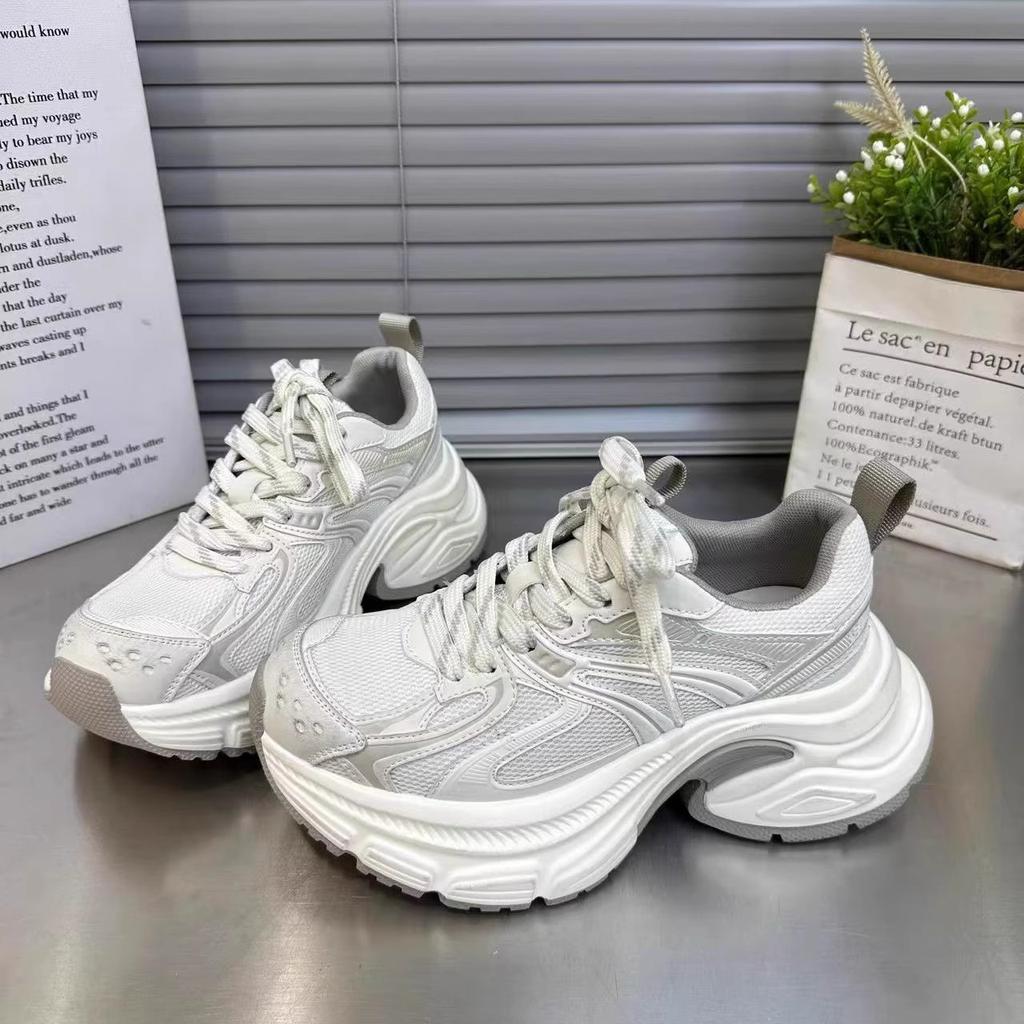 European dad shoes women's spring 2025 new leather color matching thick sole height increase versatile fashion casual sports shoes