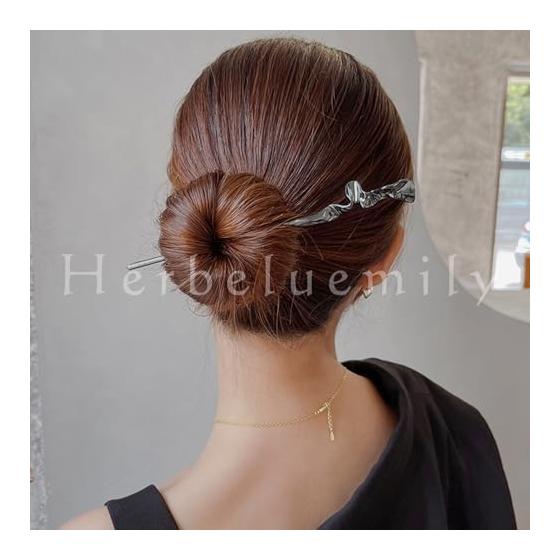 Herbeluemily Hair Stick, Simple Metallic Chic Design, Gunmetal + Silver, Approx. 17cm Length, for Kimono, Yukata, Formal, Casual, Parties, Gifts
