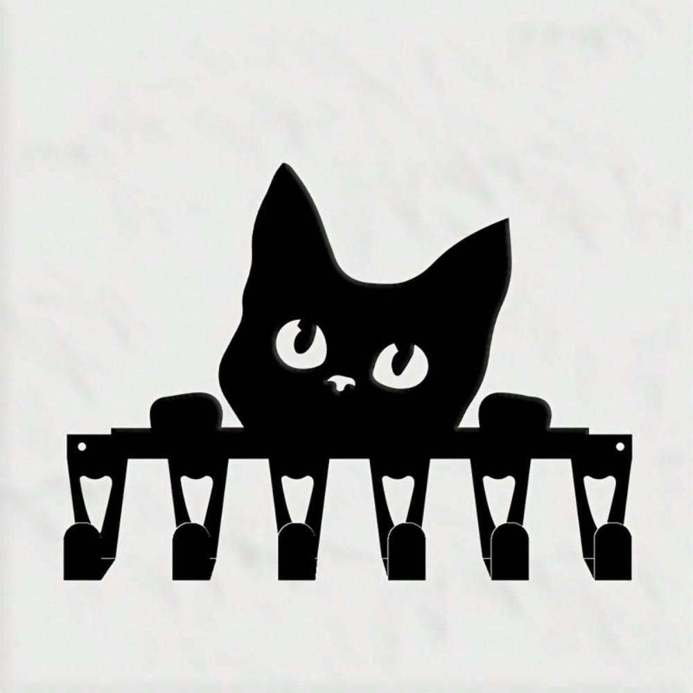 Black Cat Shaped Wall Key Holder with 6 Hooks Minimalist Iron Key Rack Pet Lover Gift Christmas Halloween Home Decor