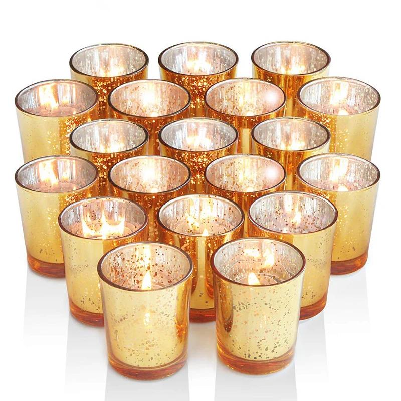 Guld Votivljushållare 12 st Fläckigt Glas Värmeljus för Bröllopsfester Hotell Kafé Bar Födelsedag Hemdekoration Festgåva